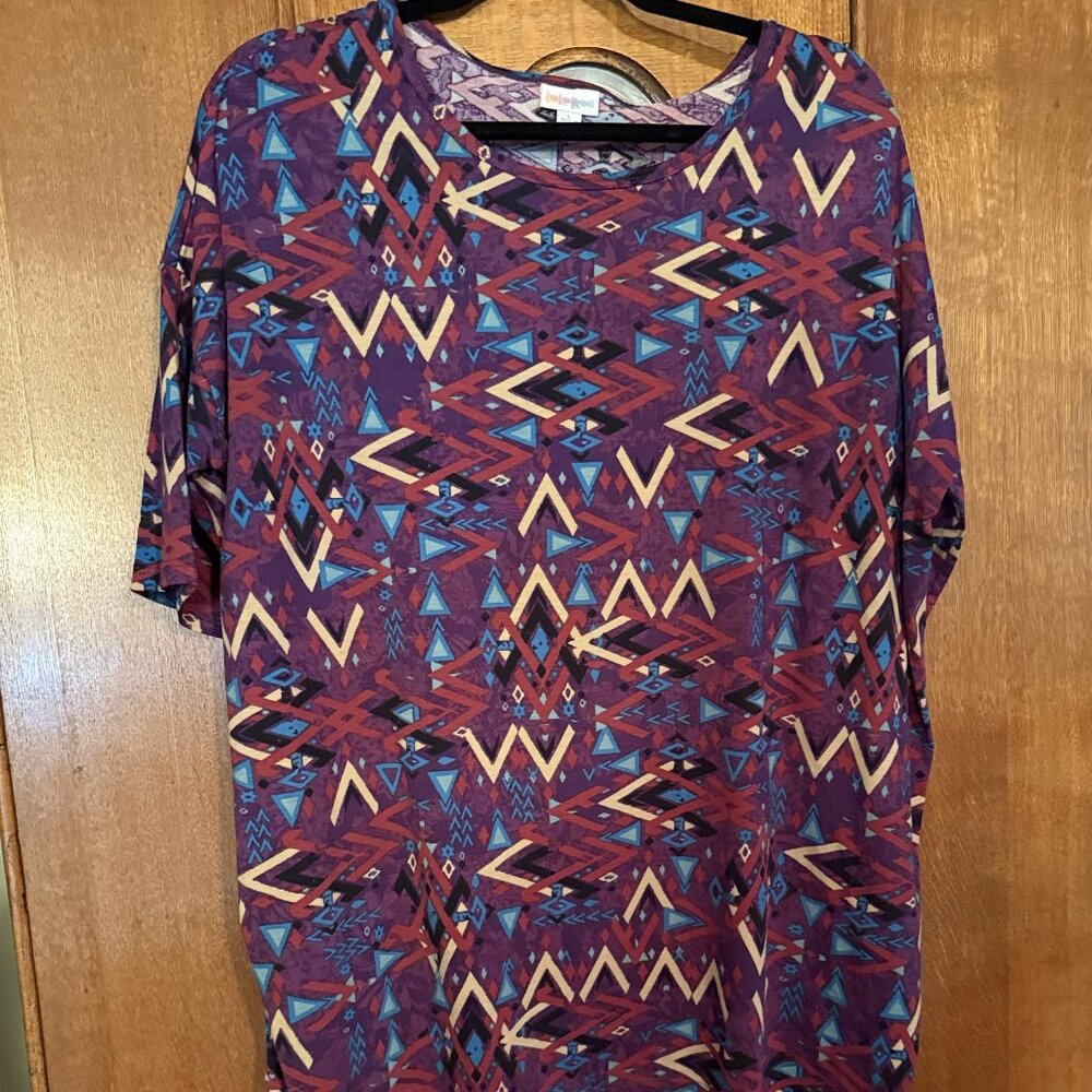 LuLaRoe Irma, Size Large, Geographic design of Black, Tan, Blue and purple